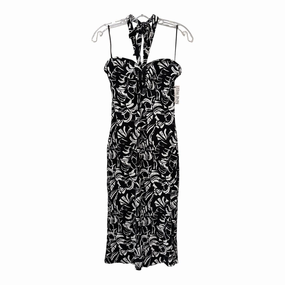 Nine West Tropical Halter Dress Large Black & White Floral Midi Bodycon NEW NWT